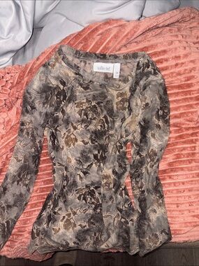 Mesh Floral Sheer Long Sleeve Top in Olive & Brown Tones